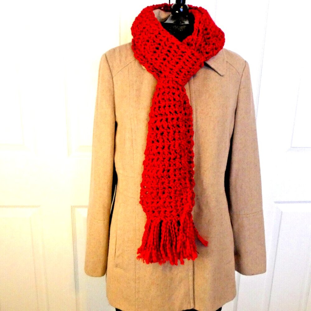 Bright Red Scarf 80x6 Extra Long Handmade Crochet Hand Knit Retro Warm Soft NWT